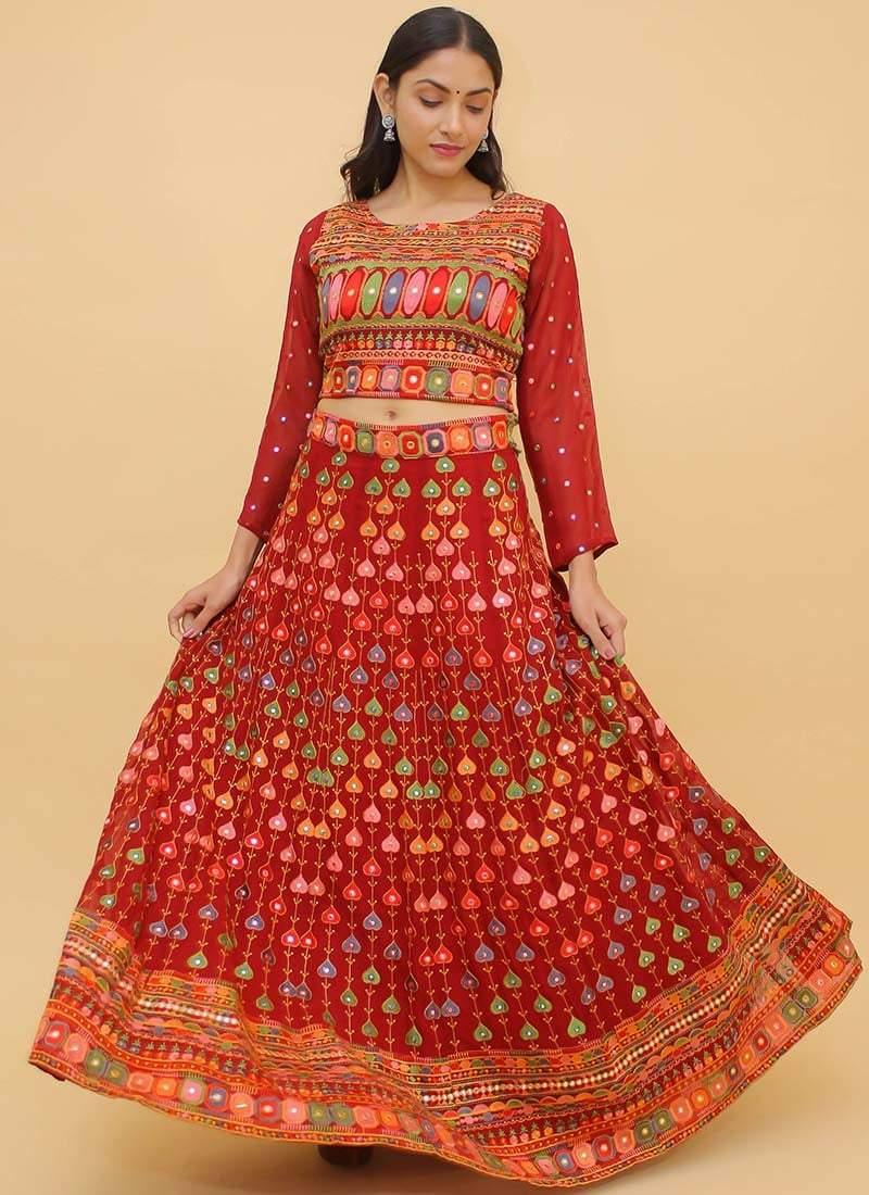 Mirror And Thread Work Red Color Georgette Fabric Lehenga Choli Clearance Great Deals