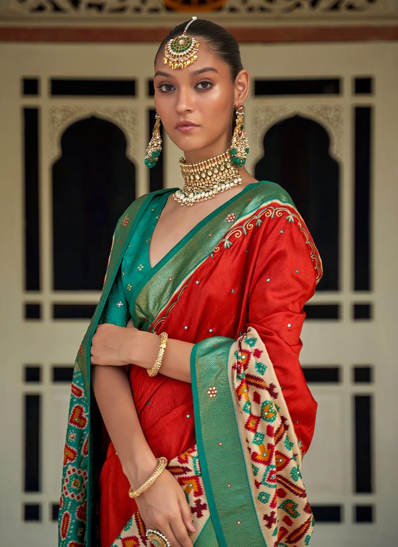 Red Foil Work Patola Silk Saree Cheap For Nice