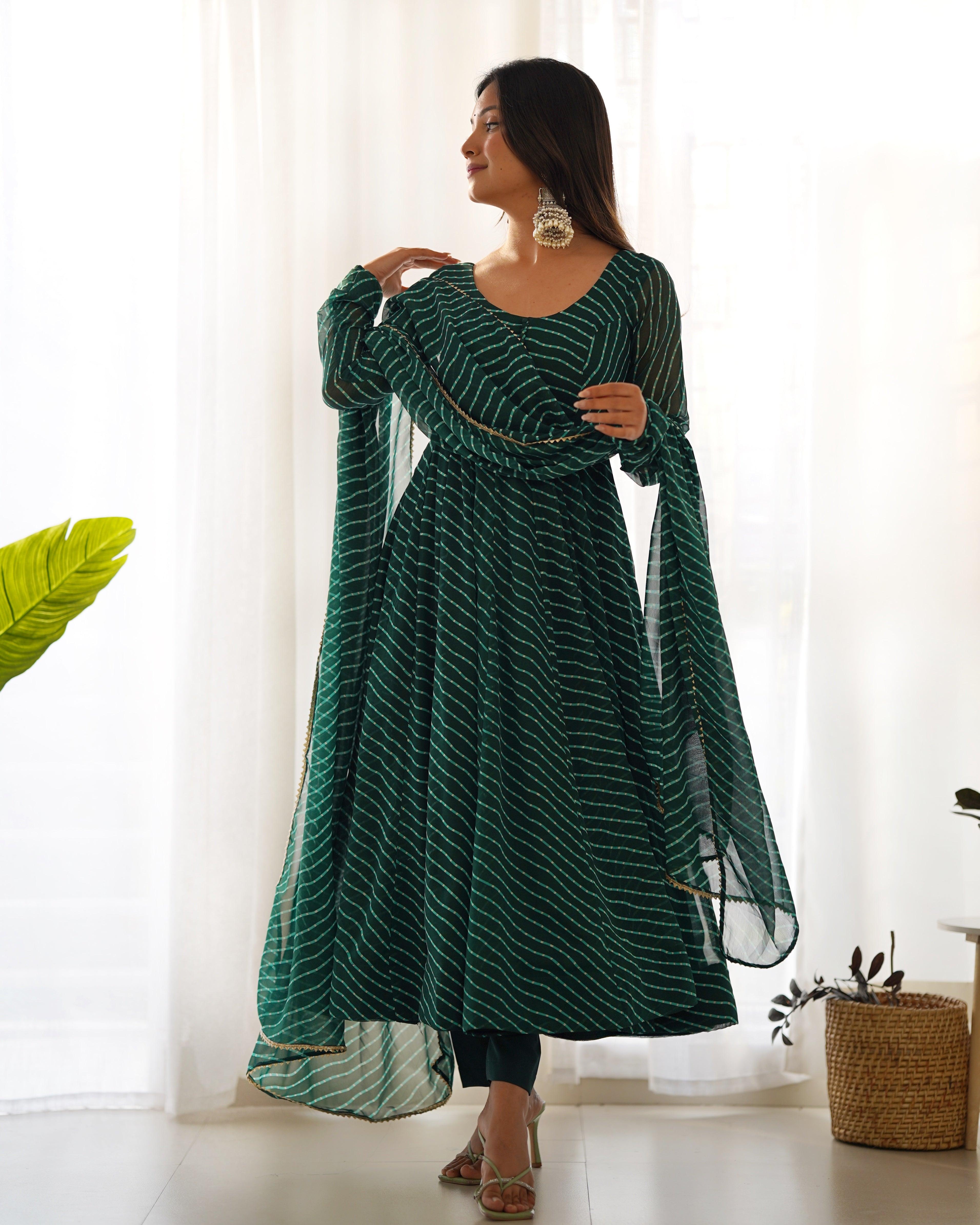 Green color georgette laheriya printed anarkali suit with dupatta Latest Collections Online