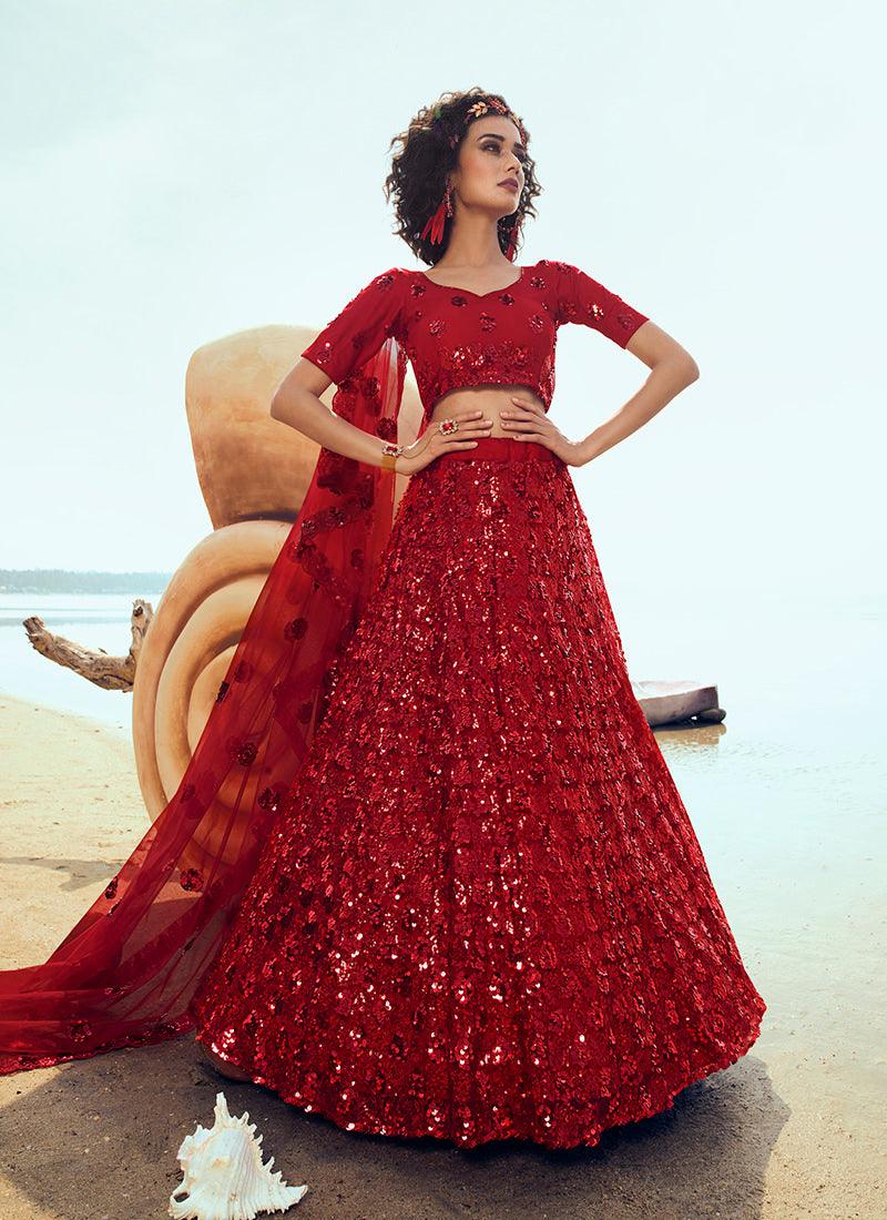 Modish Bright Red Soft Net Base Sequin Work Lehenga Choli Best Place