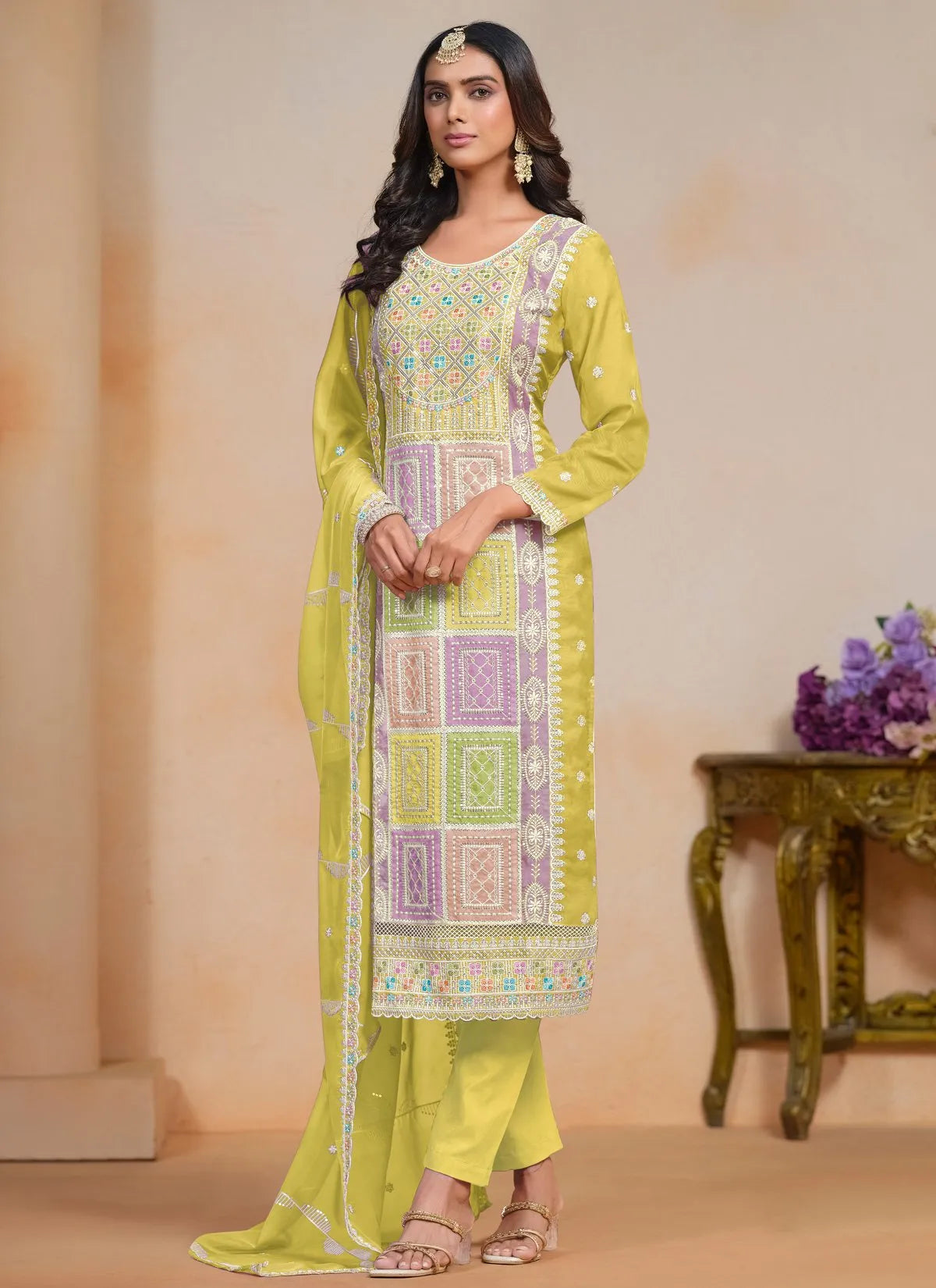 Luminous Yellow Embroidered Work Organza Salwar Kameez Outlet Marketable