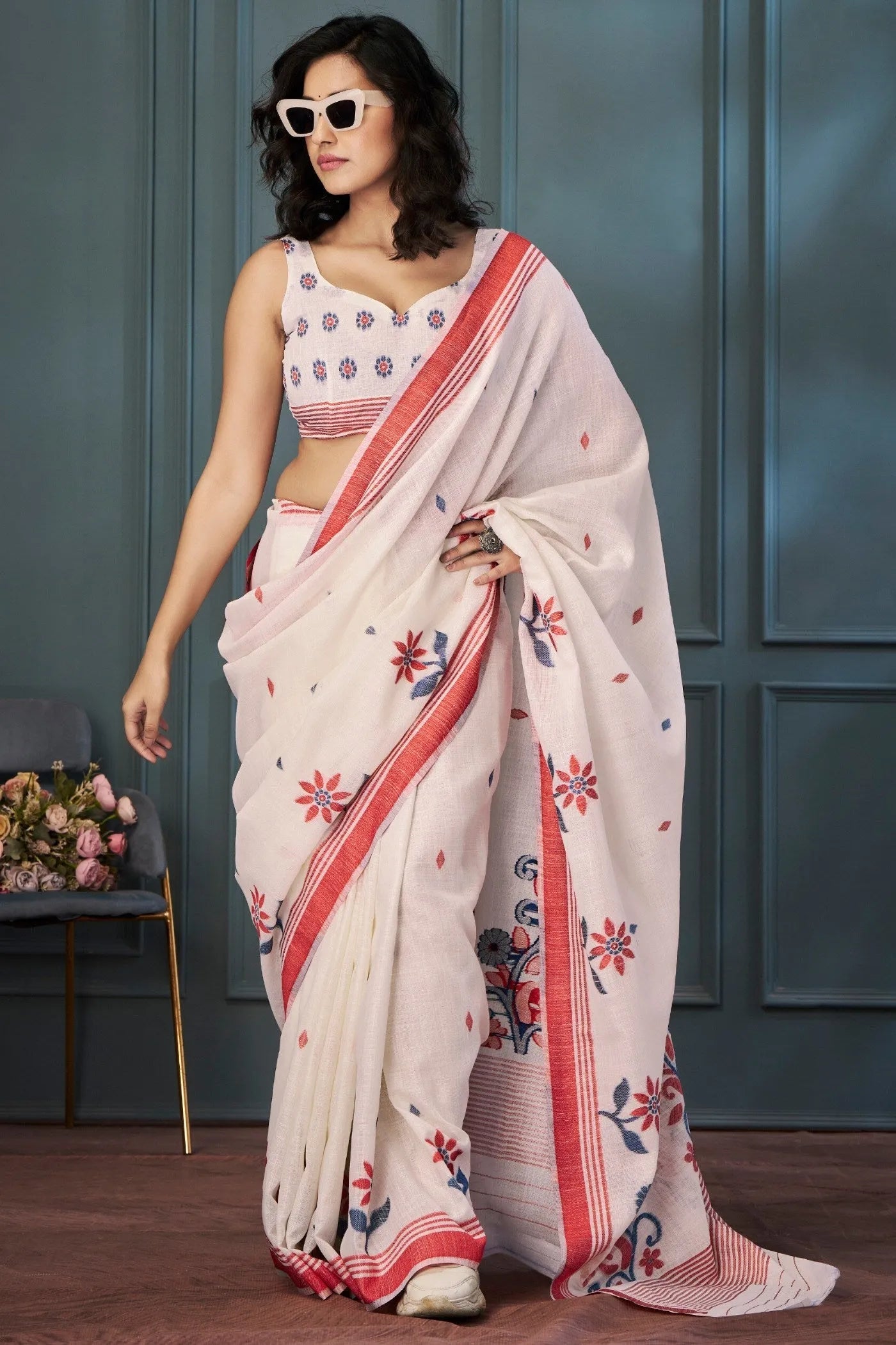 Clam Shell White Handloom Linen Saree Cheap Fake