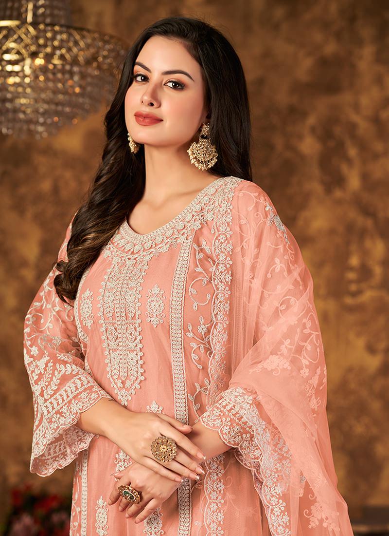 Peach Color Bell Sleeves Palazzo Salwar Suit Clearance Websites