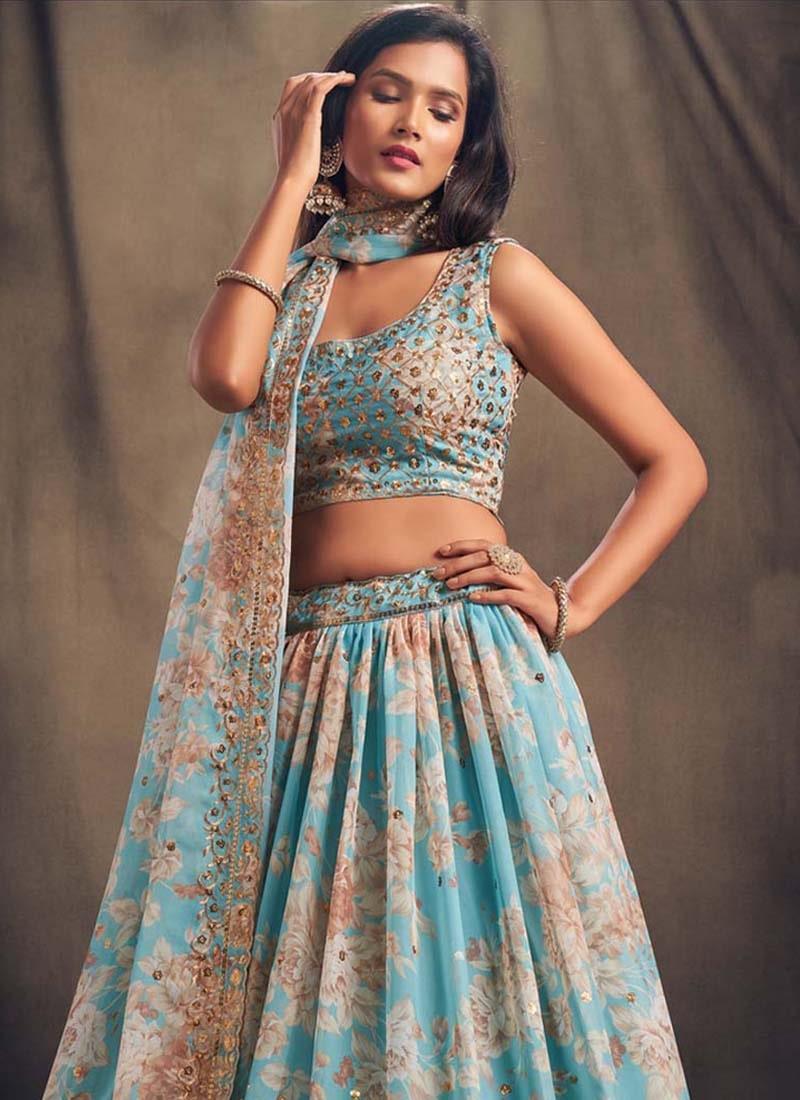 Splendid Look Sky Blue Color Sequins Work Organza Base Printed Lehenga Pictures Cheap Pice