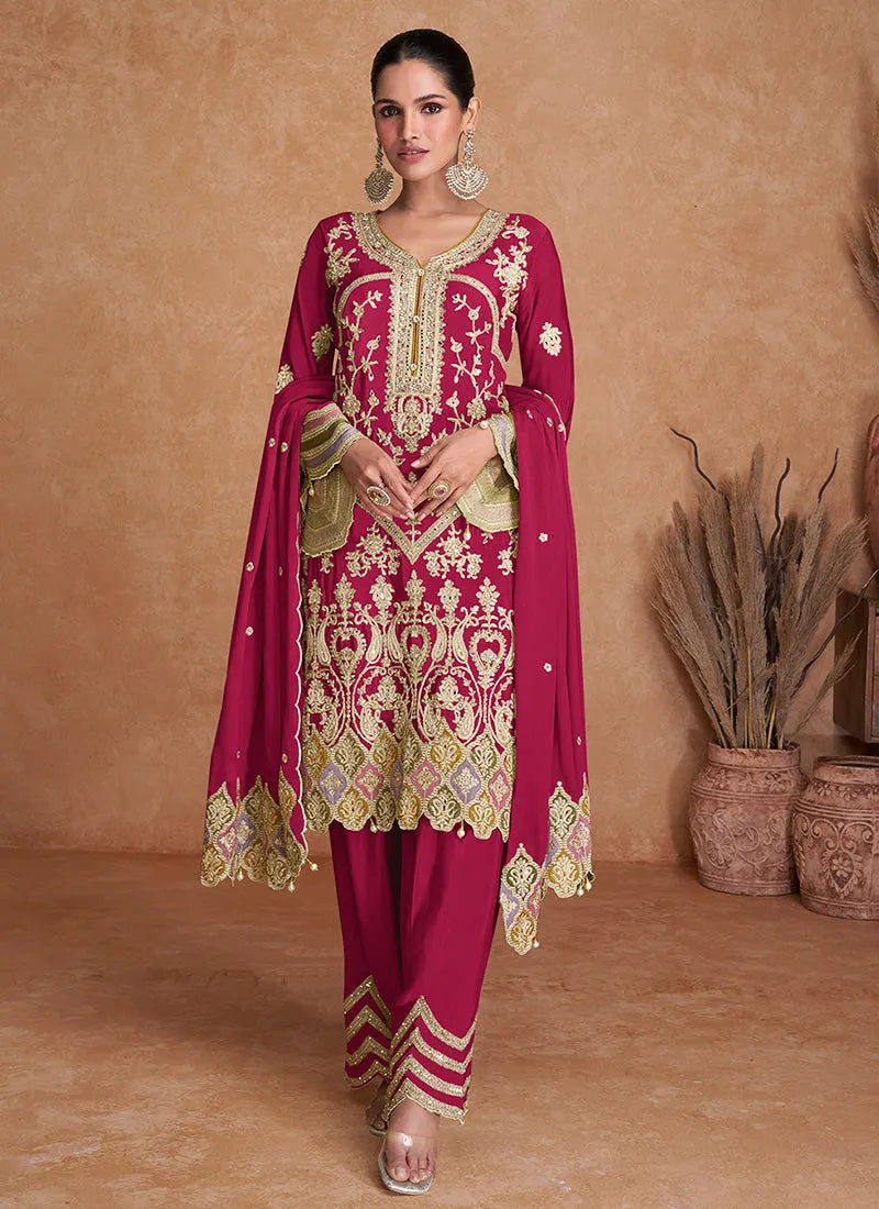 Magenta Pure Chinon Traditional Designer Straight Suit Free Shipping Deals