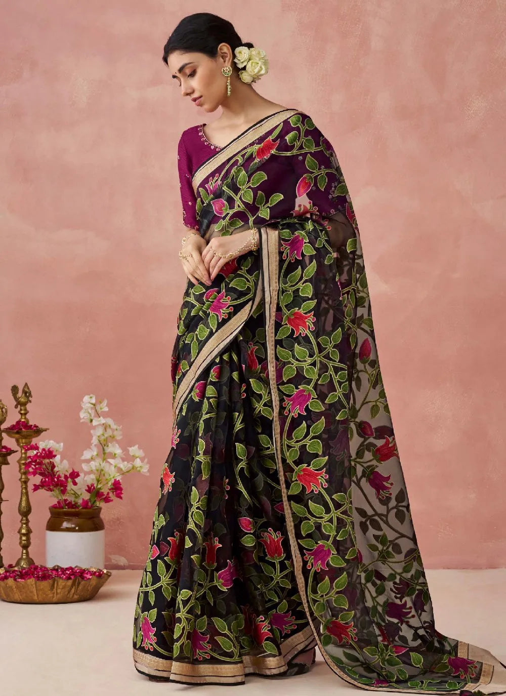 Black Organza Printed Woven Worked Designer Saree For Sale Online