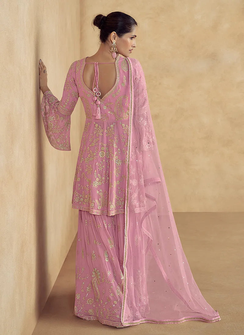 Flawless Soft Pink Traditional Embroidered Sharara Suit Largest Supplier Cheap Pice