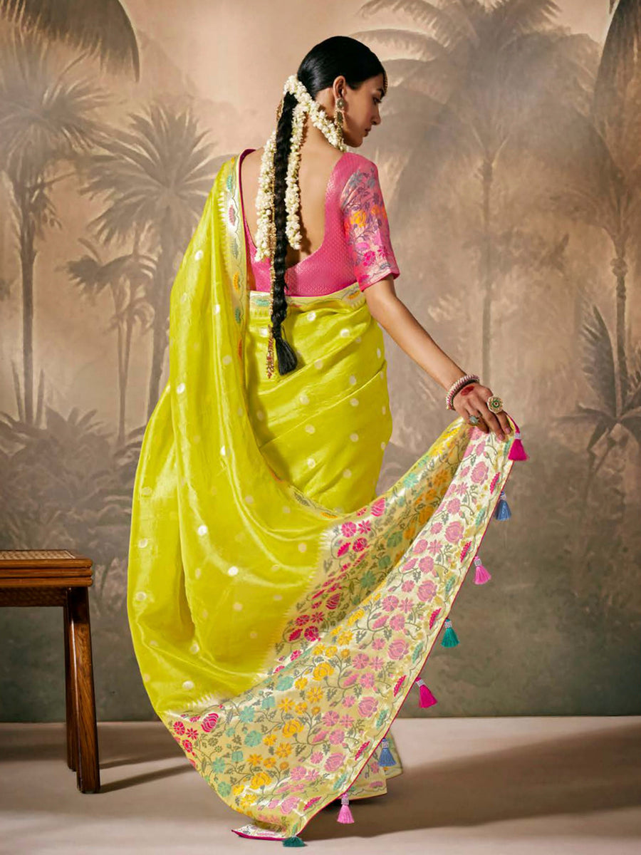 Designer Bright Green Paithani Banarasi Silk Saree with Floral Motifs Sale Fast Delivery