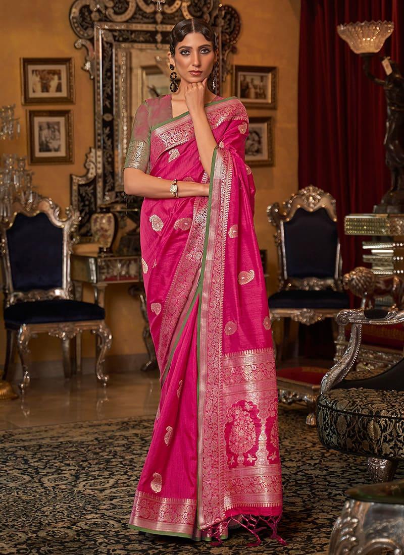 Pink Color Silk Fabric Printed Saree With Contrast Blouse Reliable Sale Online