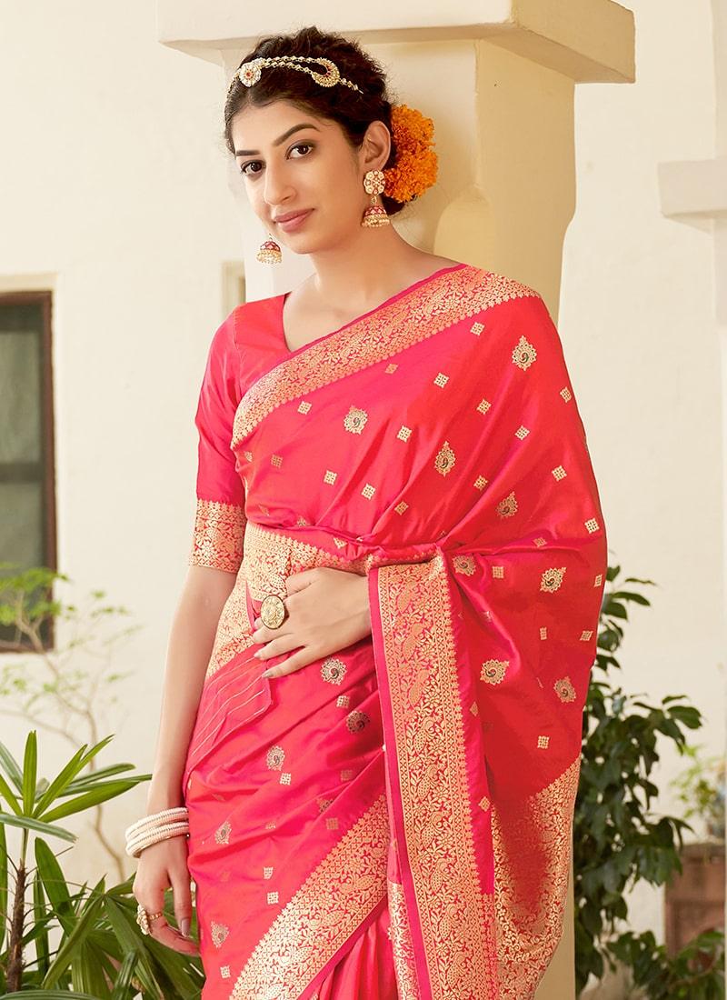 Occasion Wear Pink Color Banarasi Silk Fabric Silk Weave Saree Cheap Manchester