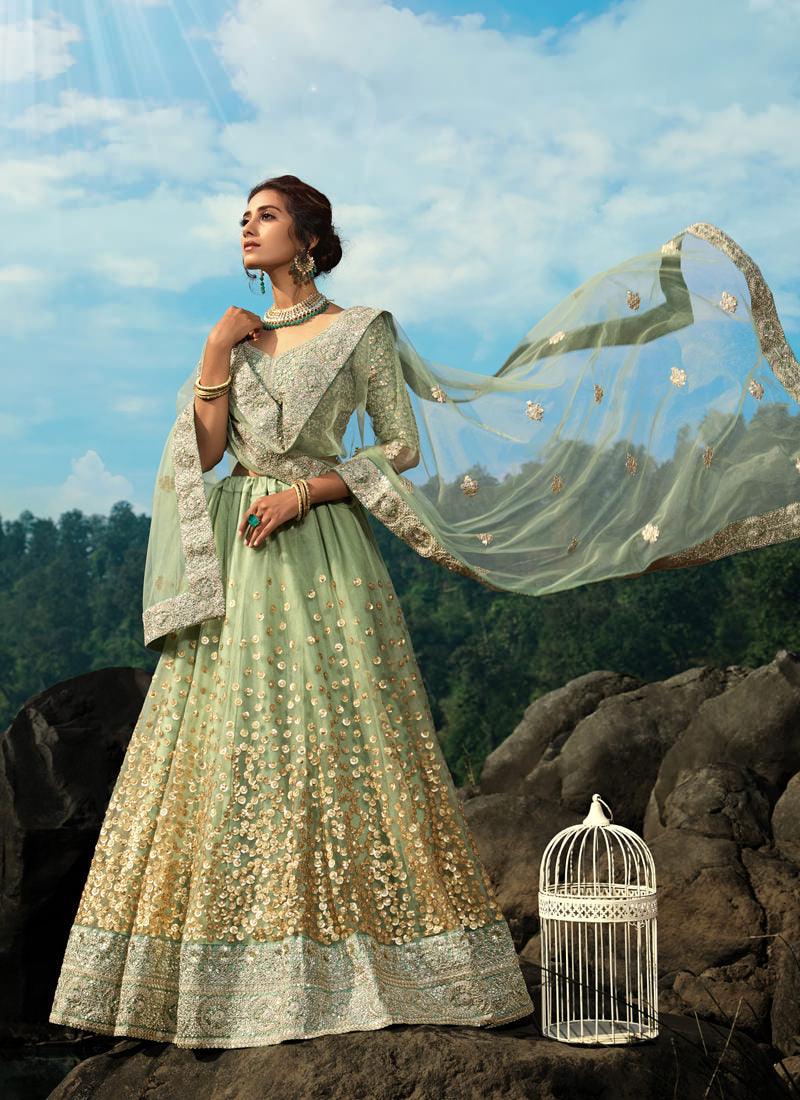 Charming Sea Green Net Base Sequin Zari Resham Work Lehenga Choli Cheap Sale The Cheapest