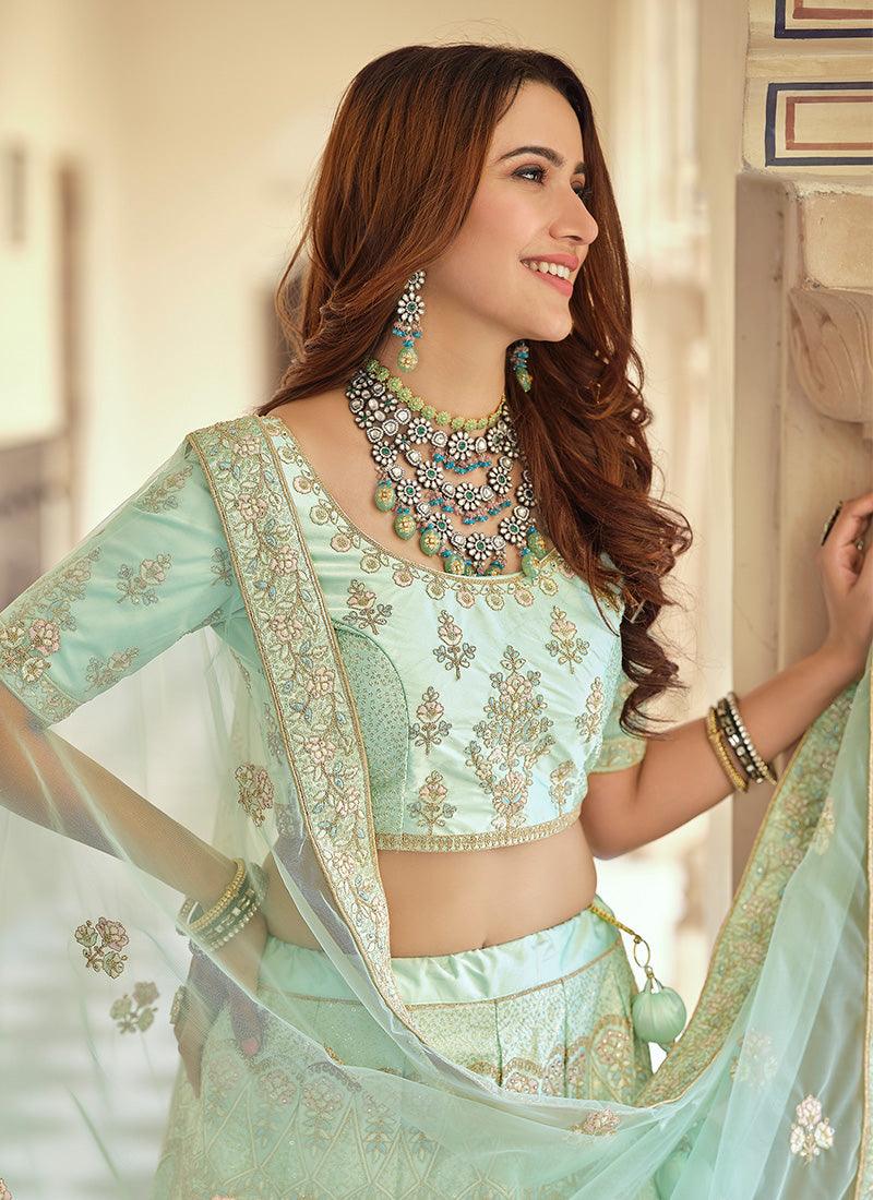 Sea Green Color Crepe Material Lehenga With Dori And Sequins Work Clearance Very Cheap