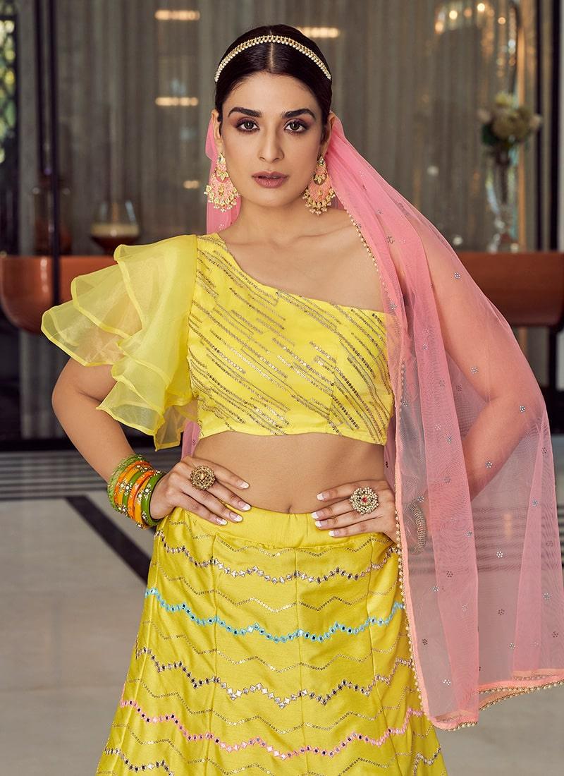 Yellow Color Art Silk Material Resham Work Lehenga Choli Free Shipping Outlet Store