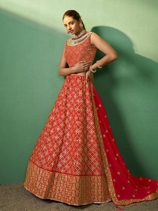 Red color Georgette Sequined A-Line Lehenga Choli Discount Store