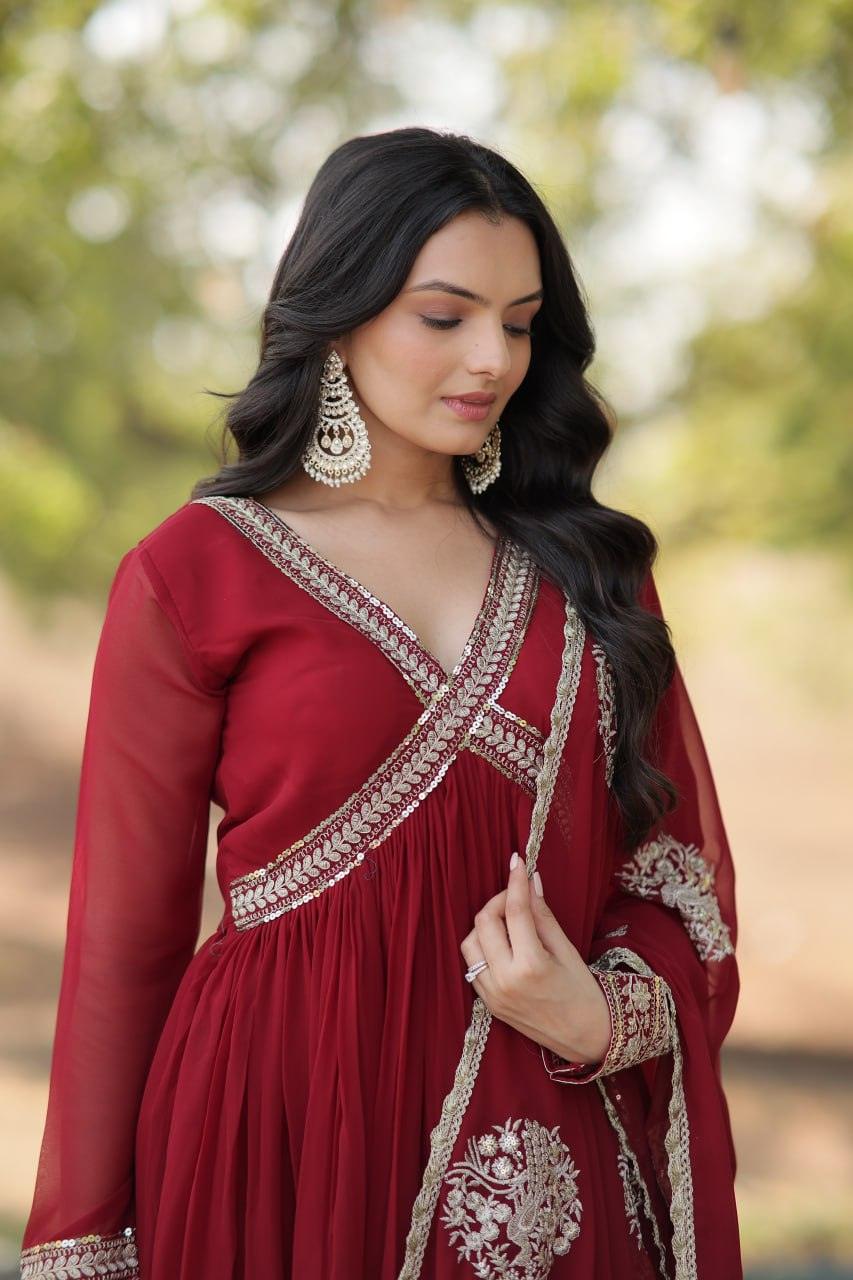 Elegant Maroon Embroidered Anarkali Gown Discount 2025 New