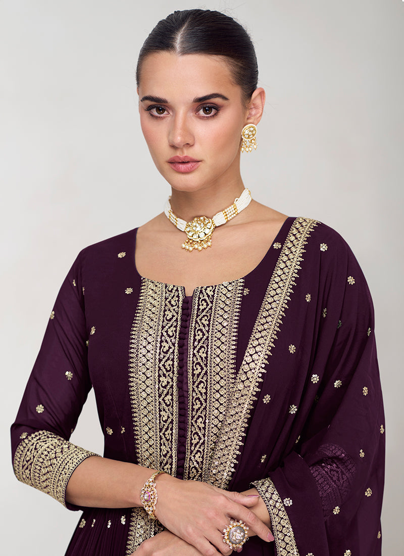 Elegant Deep Purple Embroidery Traditional Palazzo Suit Shop Offer For Sale