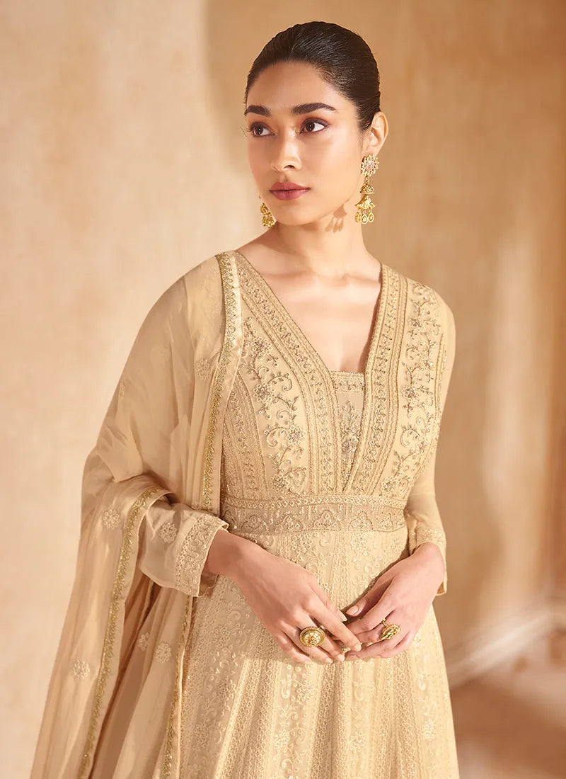 Fabulous Golden Beige Embroidered Designer Anarkali Gown Cheap Sale Outlet Store