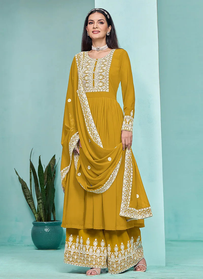 Traditional Mustard Yellow  Embroidered  Anarkali Palazzo Suit Sale Ebay