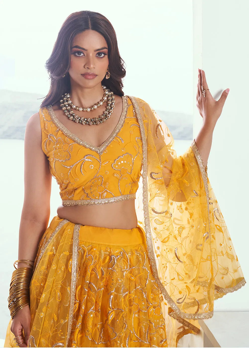 Exquisite Embroidered Net Yellow Wedding Wear Lehenga Choli Cheap Sale Manchester Great Sale