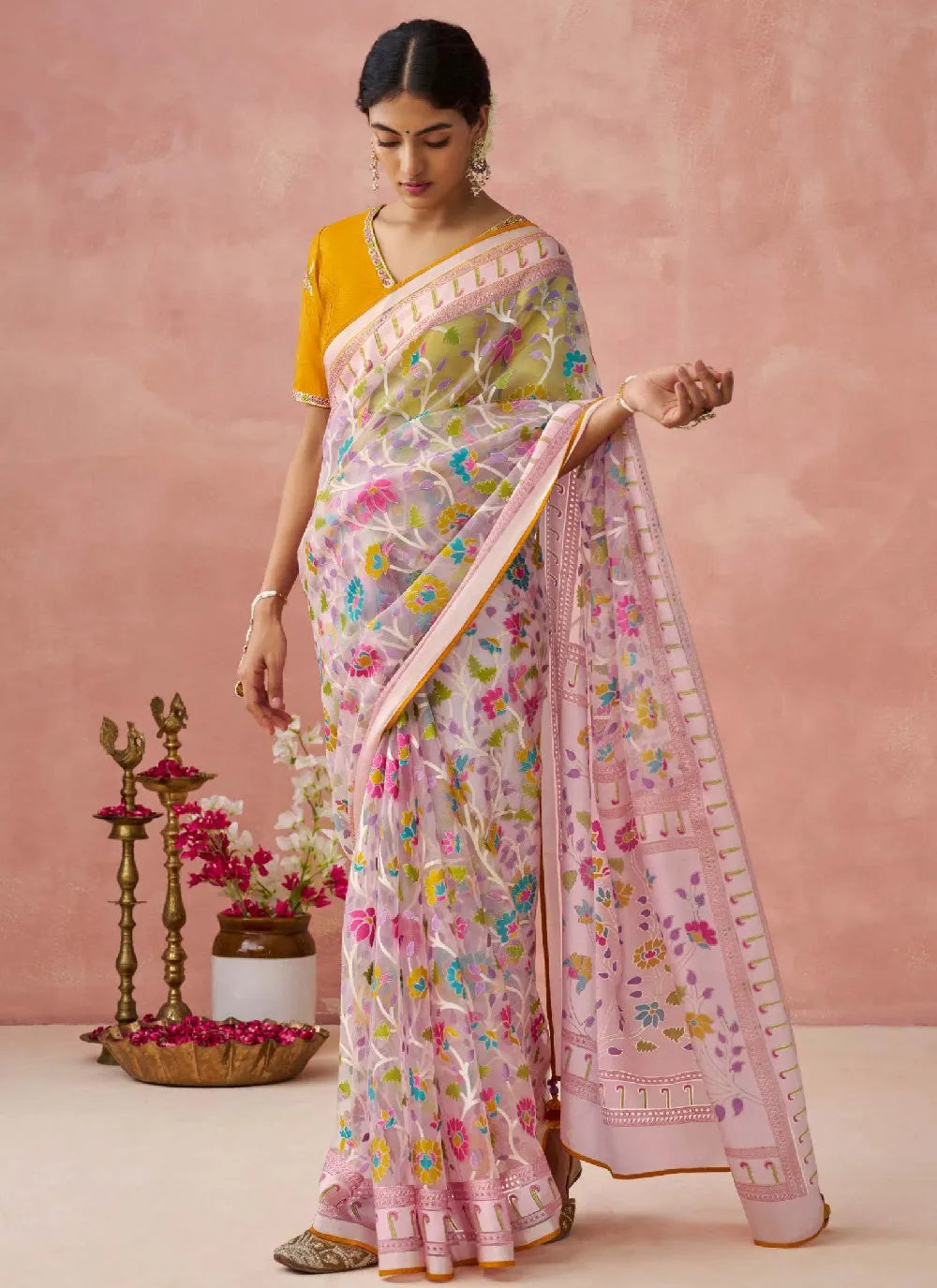 Pink Colored Organza Printed Woven Worked Designer Saree Cheap Sale Really