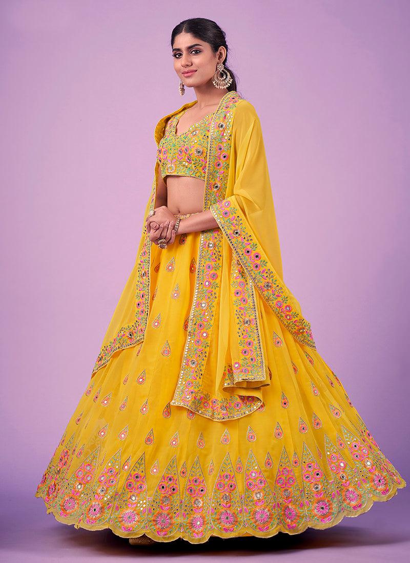 Thread With Mirror Yellow Georgette Chaniya Very Cheap