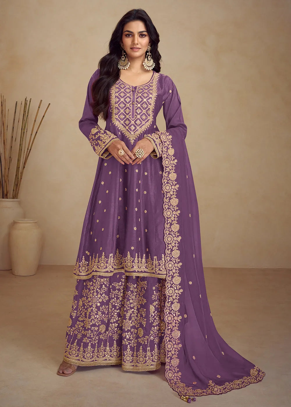 Designer Pure Chinnon Purple Embroidered Palazzo Suit Hot Sale Cheap Pice