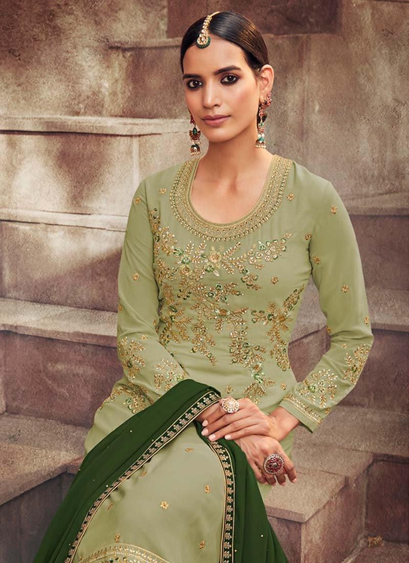 Pastel Green Color Georgette Fabric Resham Work Pant Style Salwar Suit Cheap Sale Professional