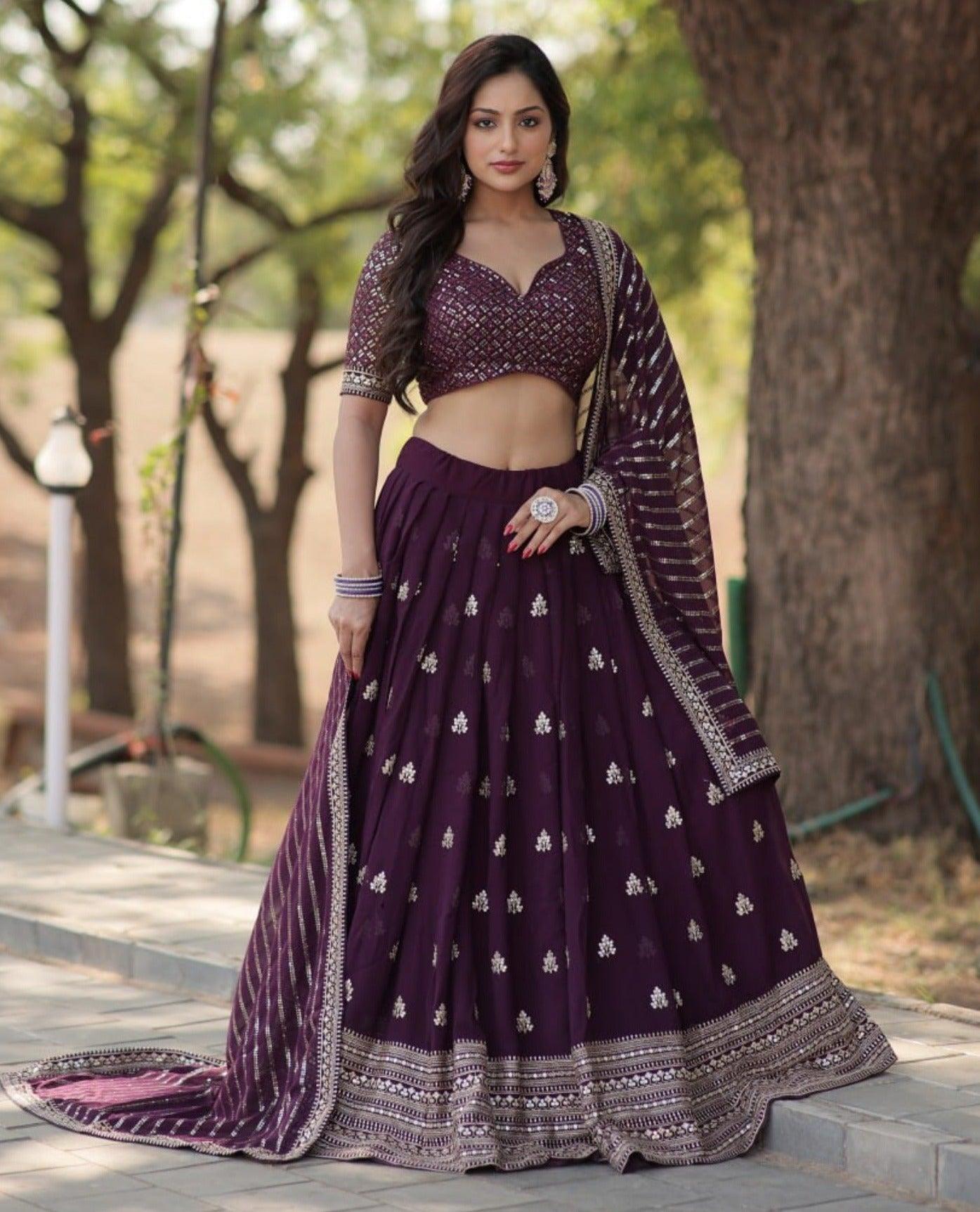 Elegant Plum Embroidered Lehenga Choli with Dupatta Low Pice Fee Shipping For Sale