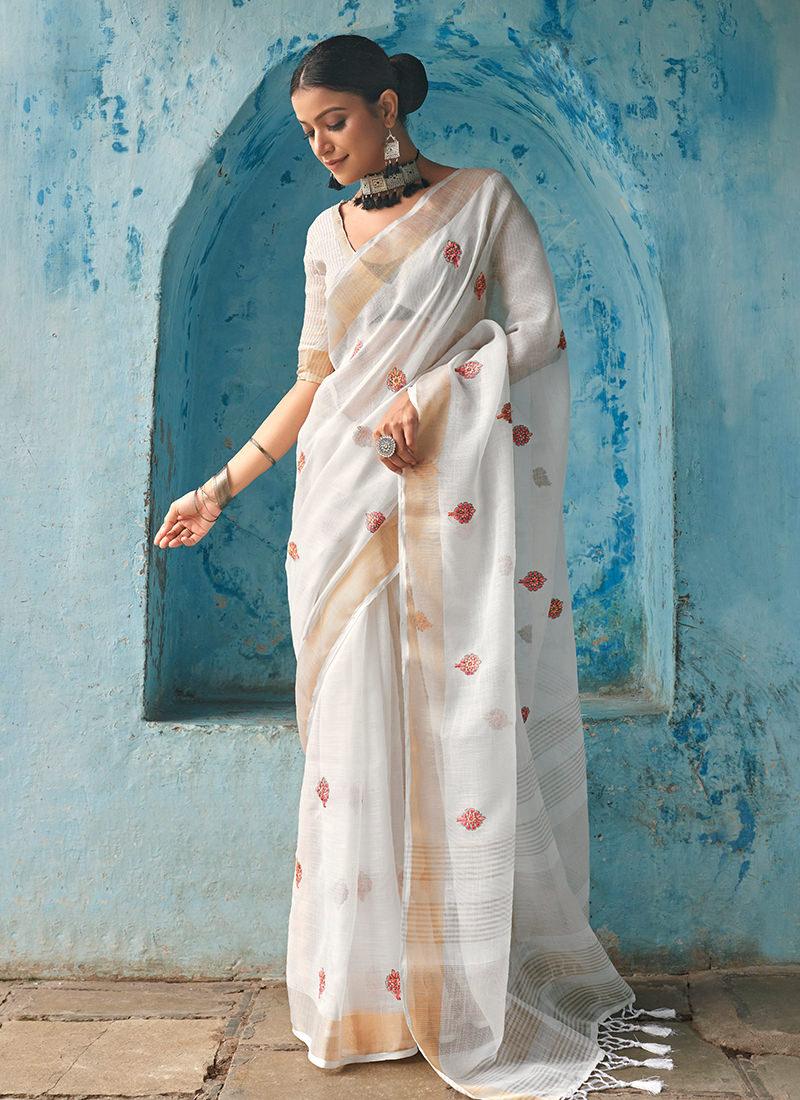 White Linen Saree With Elbow Sleeves Blouse Clearance Cost