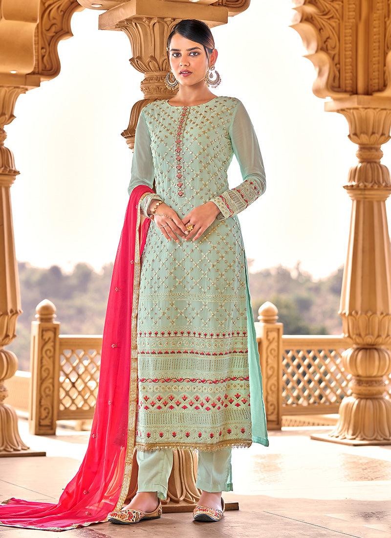 Pale Green Color Resham And Stone Work Full Sleeves Pant Style Suit Original Online