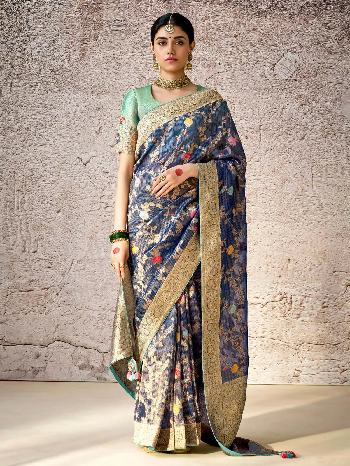 Ravishing Navy Blue Banarasi Silk Saree Floral Embroidered Clearance In China