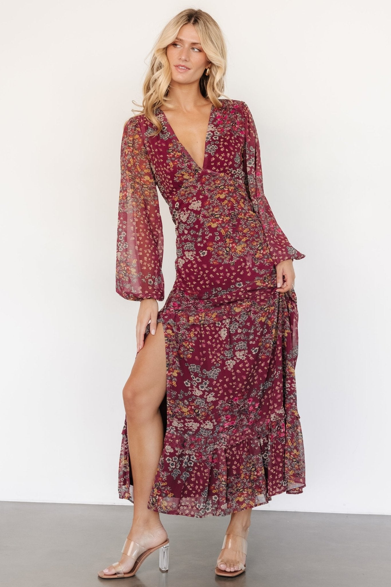 Bowman Deep V Maxi Dress | Burgundy Multi Clearance Limited Edition