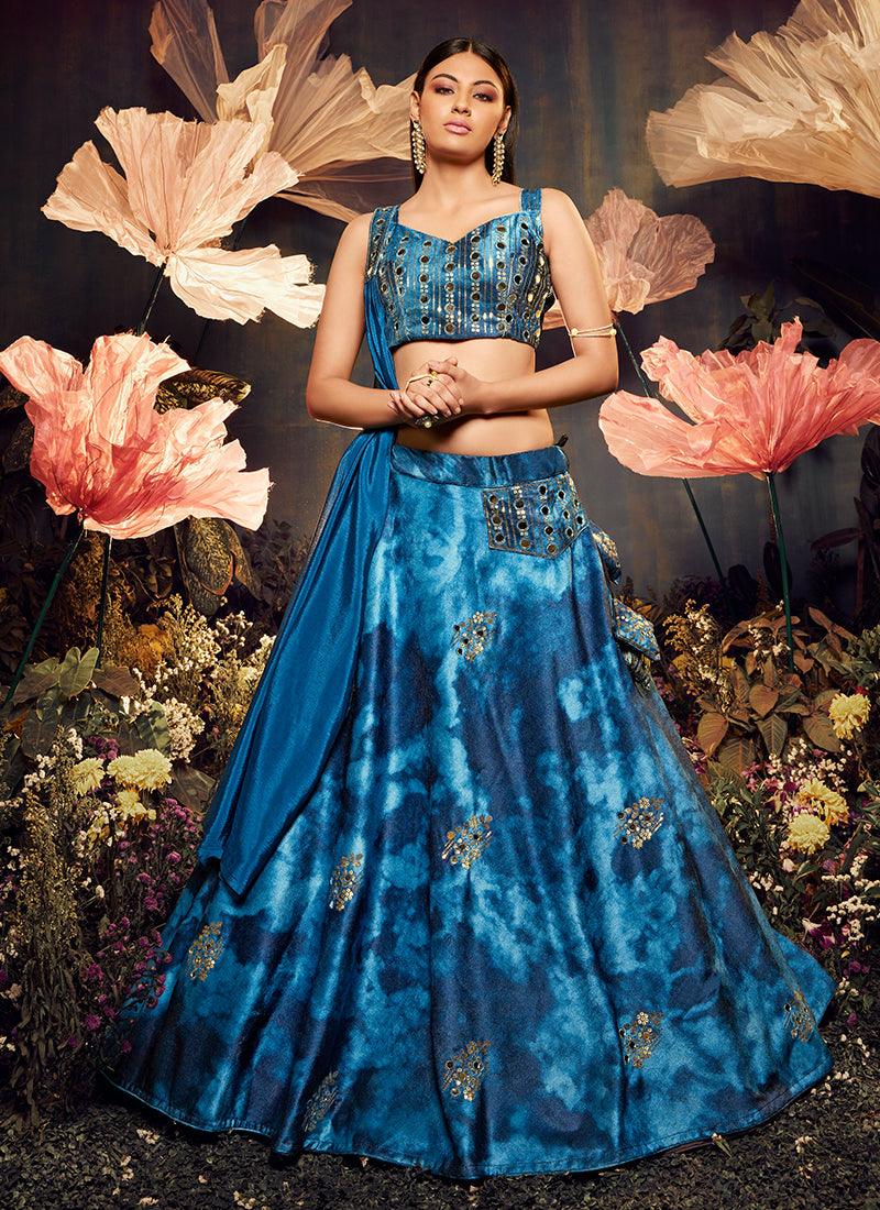 Shibori Print With Heavy Mirror Blue Lehenga Free Shipping In China