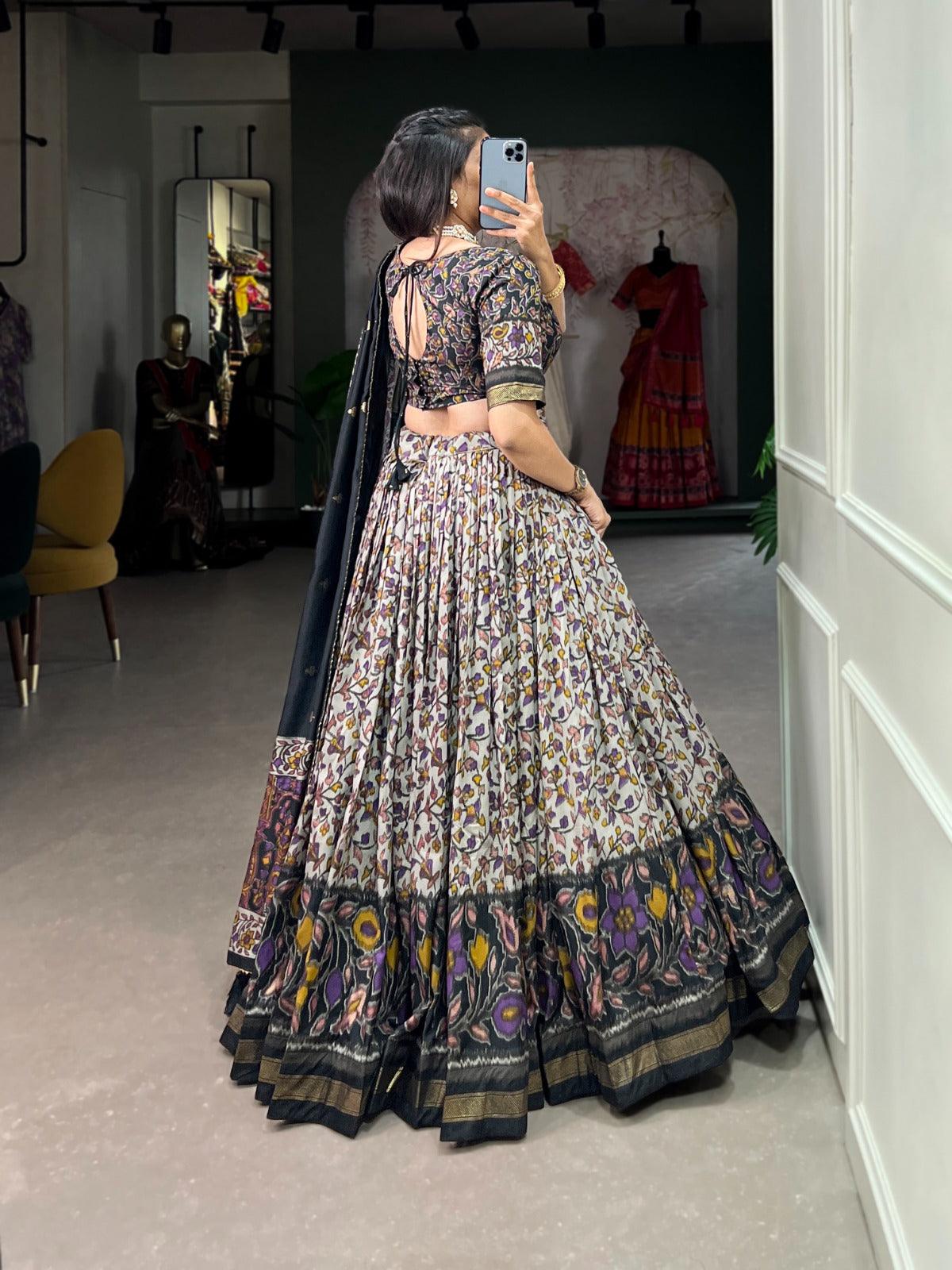 Amazing Tussar Silk Floral Printed Foil Worked Lehenga Choli Set Cheap Sale Shop