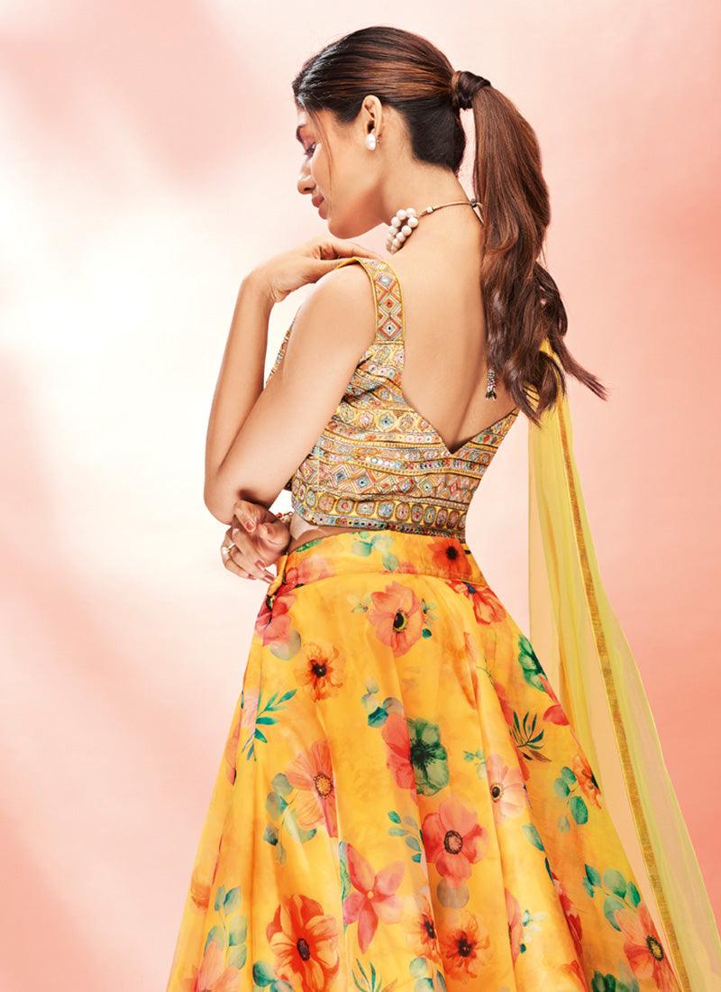 Sleeveless Mirror Work Yellow Color Organza Base Lehenga Choli Discount How Much