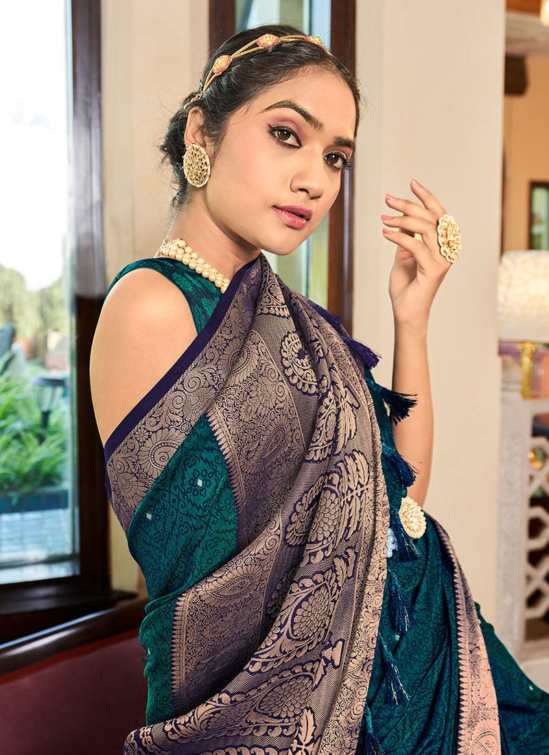 Teal Blue Color Soft Silk Two Tone Fabric Saree Outlet With Credit Card