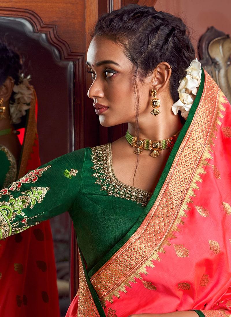 Exquisite Red and Green Silk Saree with Intricate Blouse From China For Sale