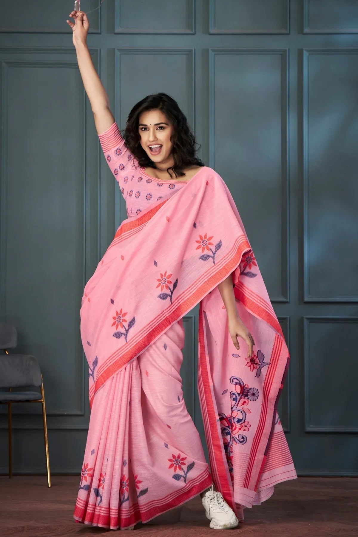 Wewak Pink Handloom Linen Saree In China