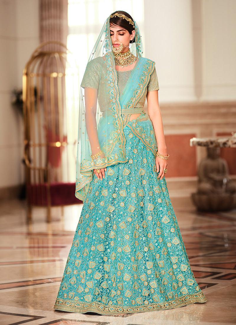 Light Blue Color Soft Net Base Stone And Resham Work Lehenga Cheap Order