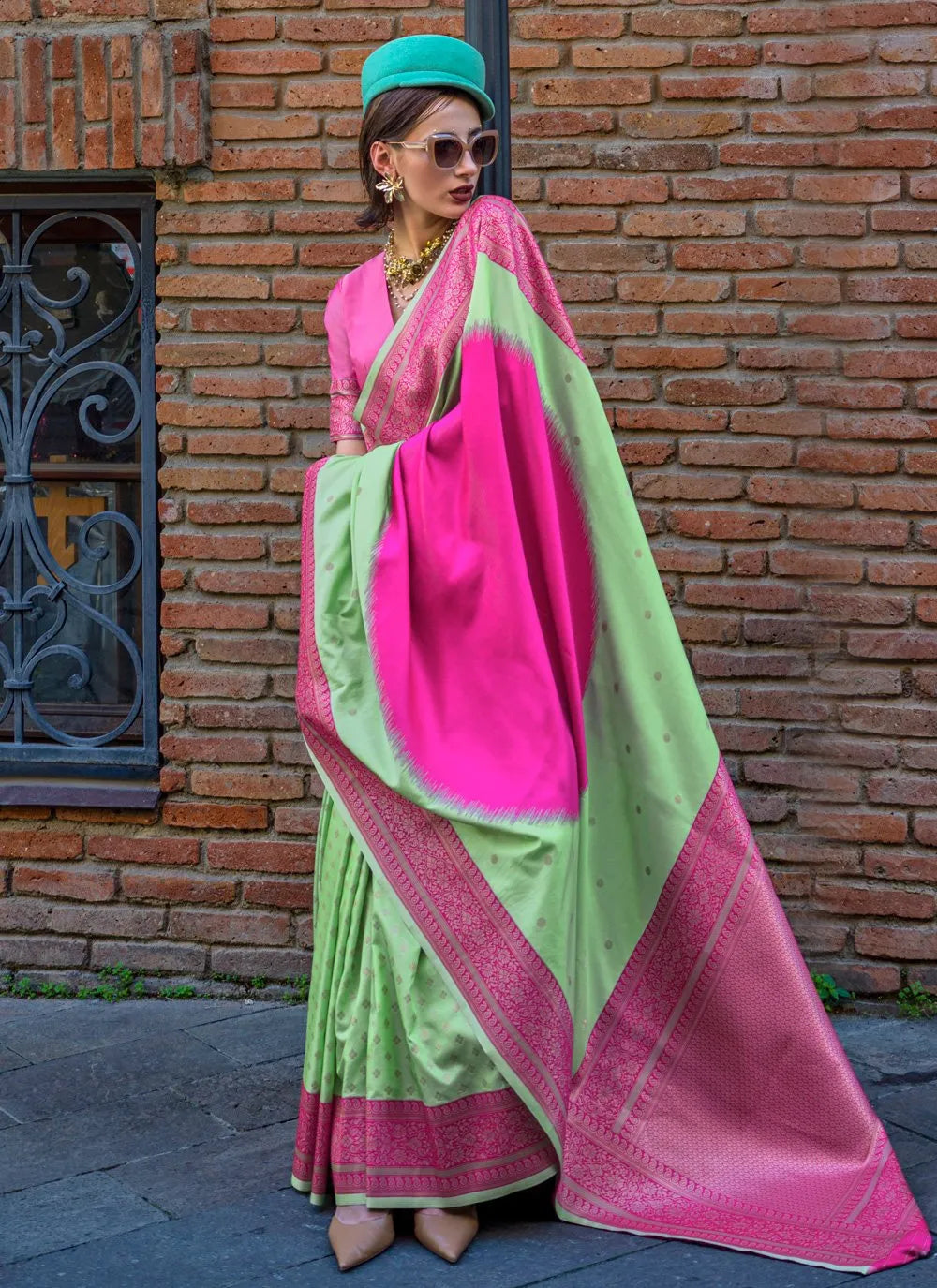 Designer Pink-Mint Green Handloom Silk Trendy Saree Cheap Low Pice