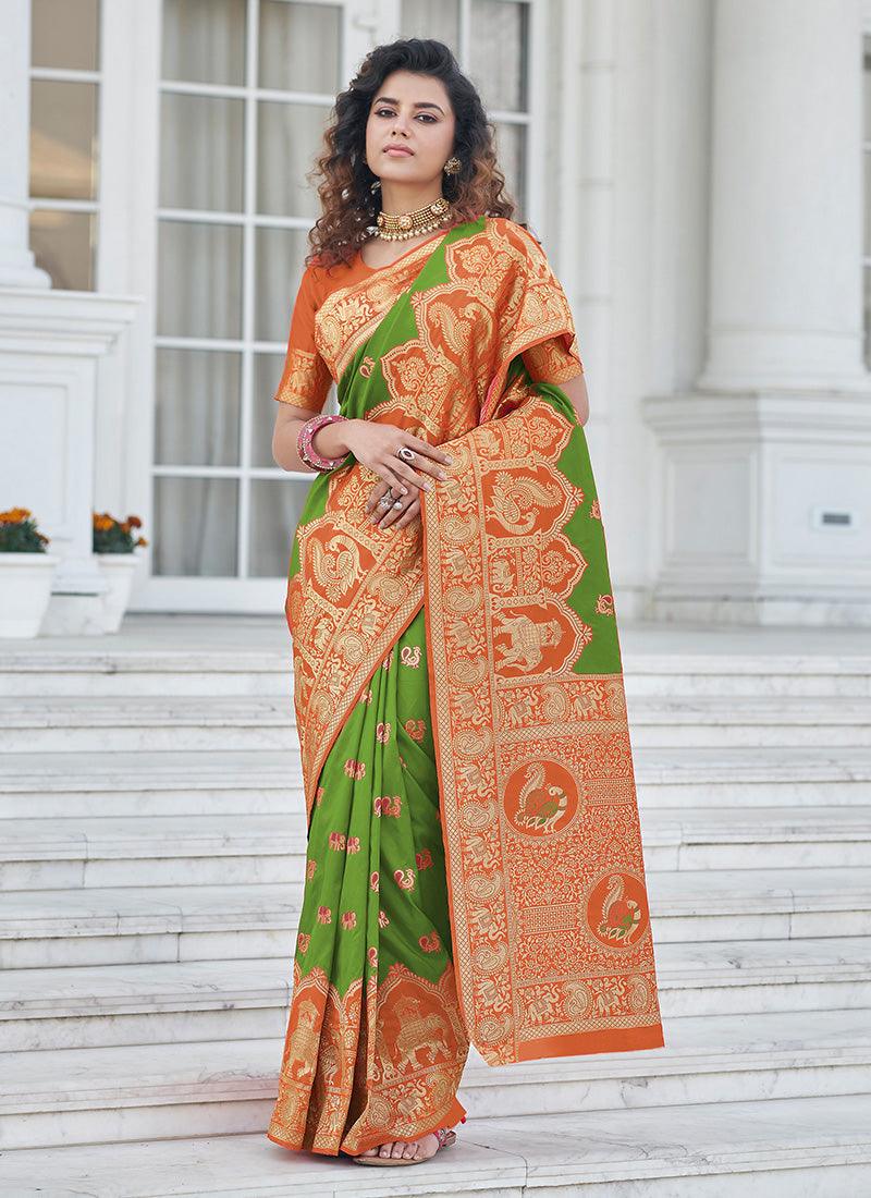 Light Green Color Banarasi Silk Material Silk Weave Work Saree Best Wholesale For Sale