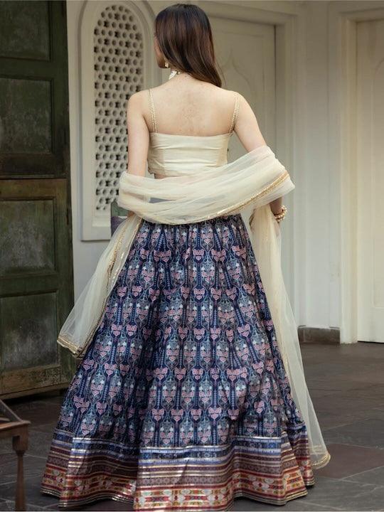 Blue And cream silk printed lehenga choli Cheap Sale