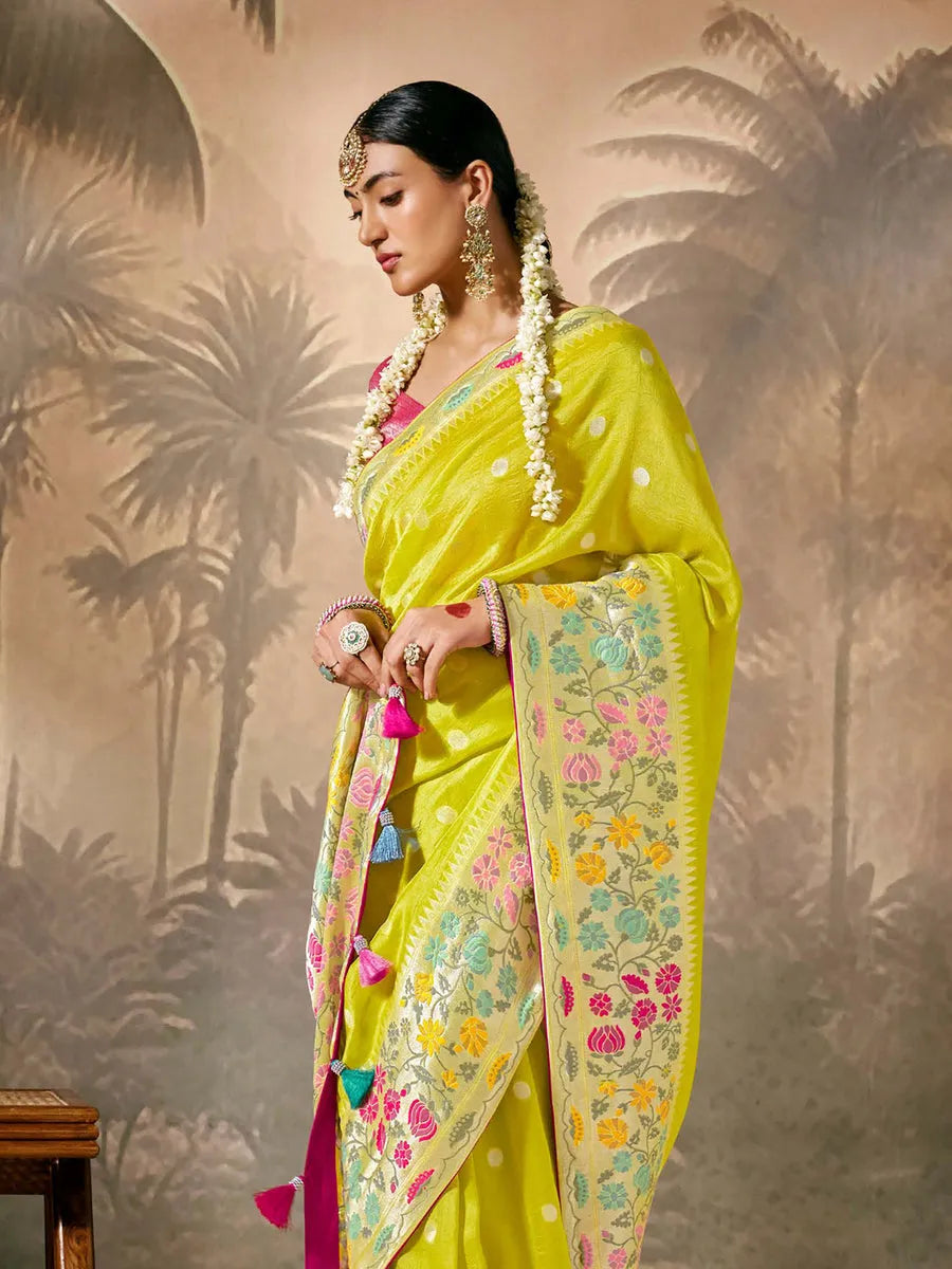 Designer Bright Green Paithani Banarasi Silk Saree with Floral Motifs How Much For Sale