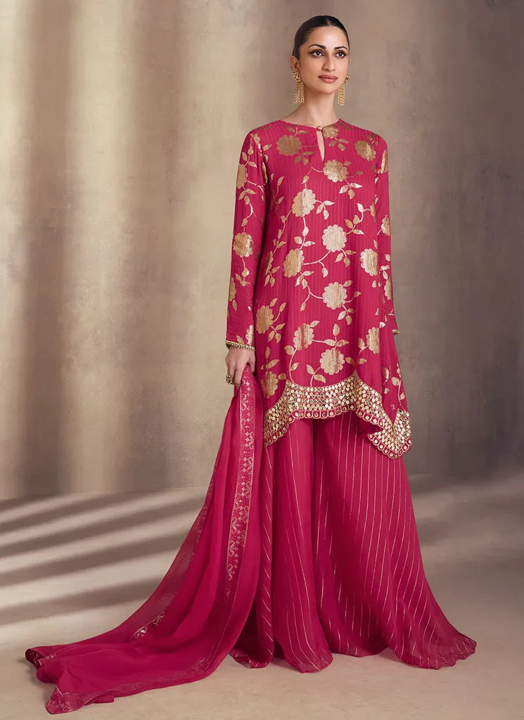 Magenta Premium Silk Sharara Suit with Thread and Sequins Detail Discounts