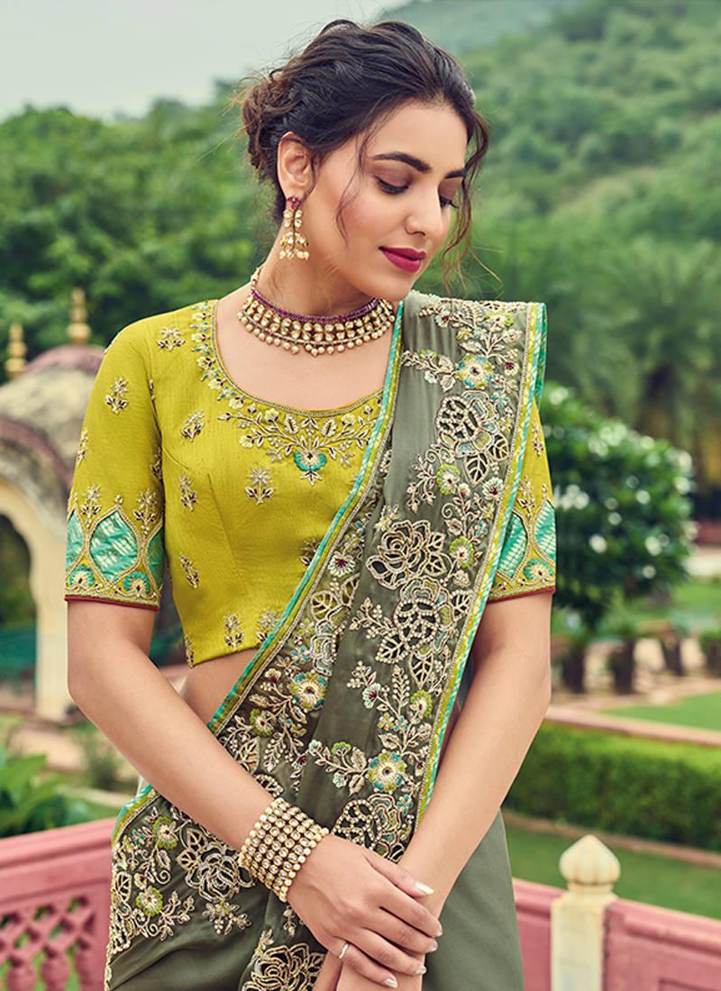 Olive Green Embroidered Organza Saree Outlet Best Seller