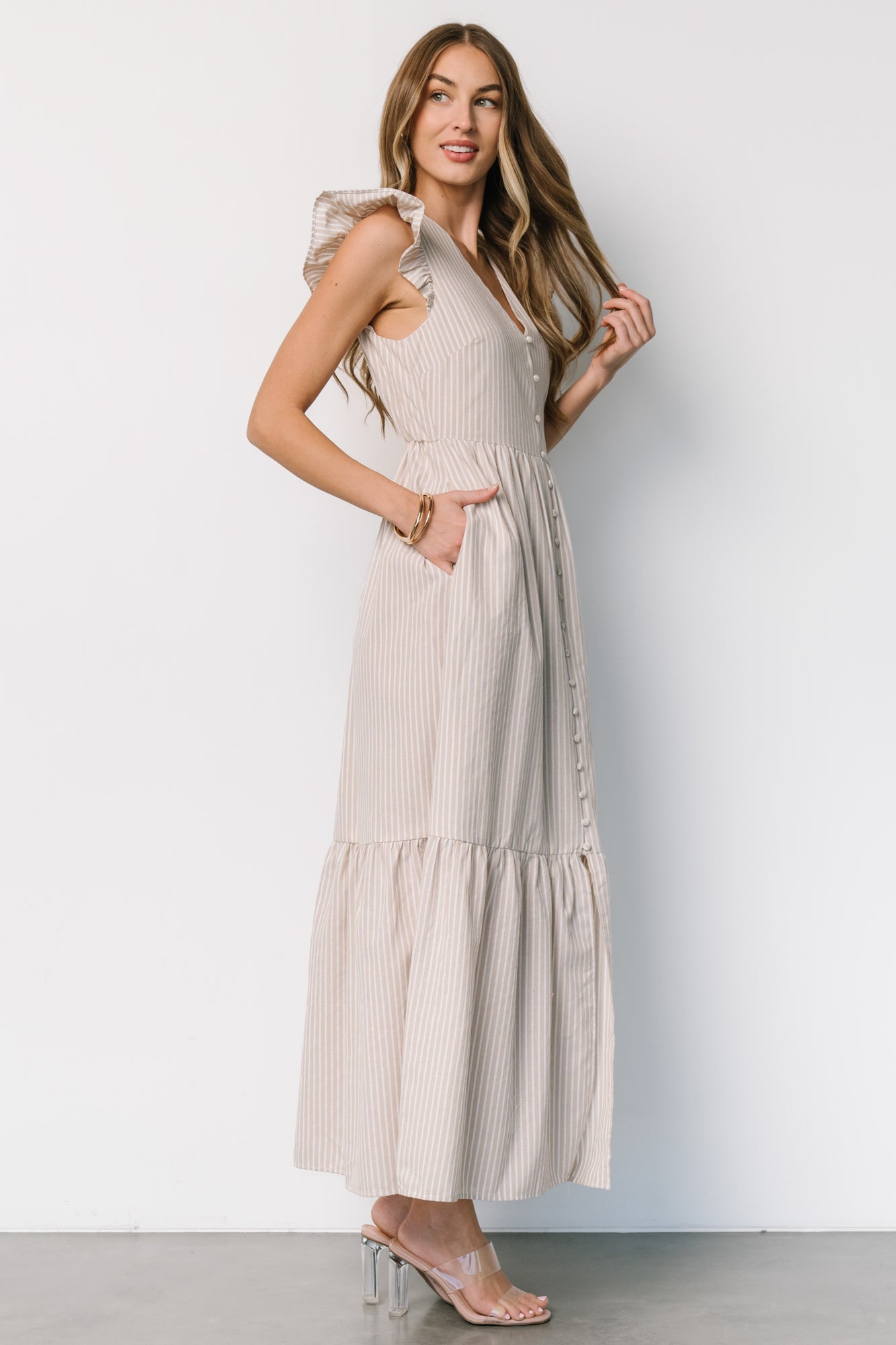 Hettie Button Maxi Dress | Beige Stripe Cheap Good Selling