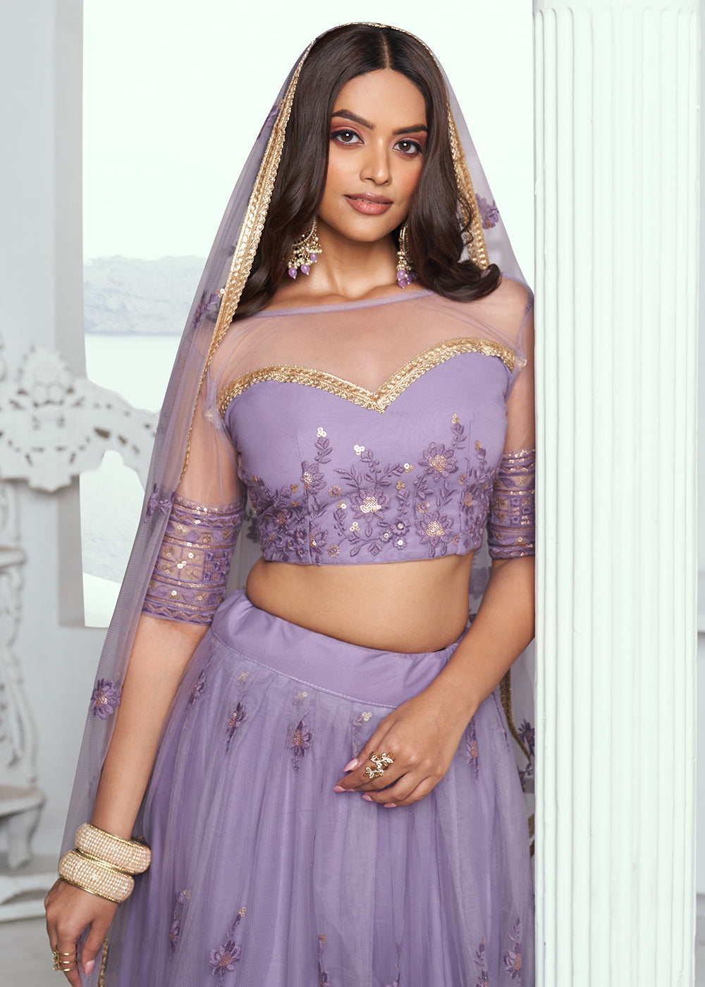 Fabulous Lavender Net Embroidered Bridal Lehenga Choli High Quality Cheap Pice