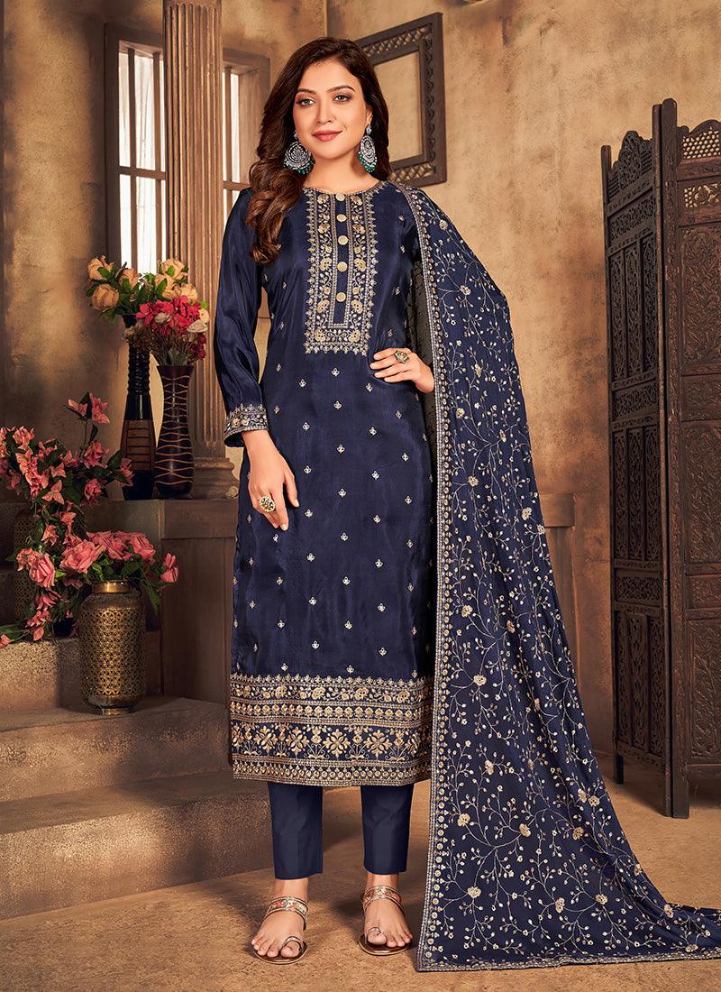 Navy Blue Color Dori Work Silk Base Pant Style Salwar Kameez High Quality