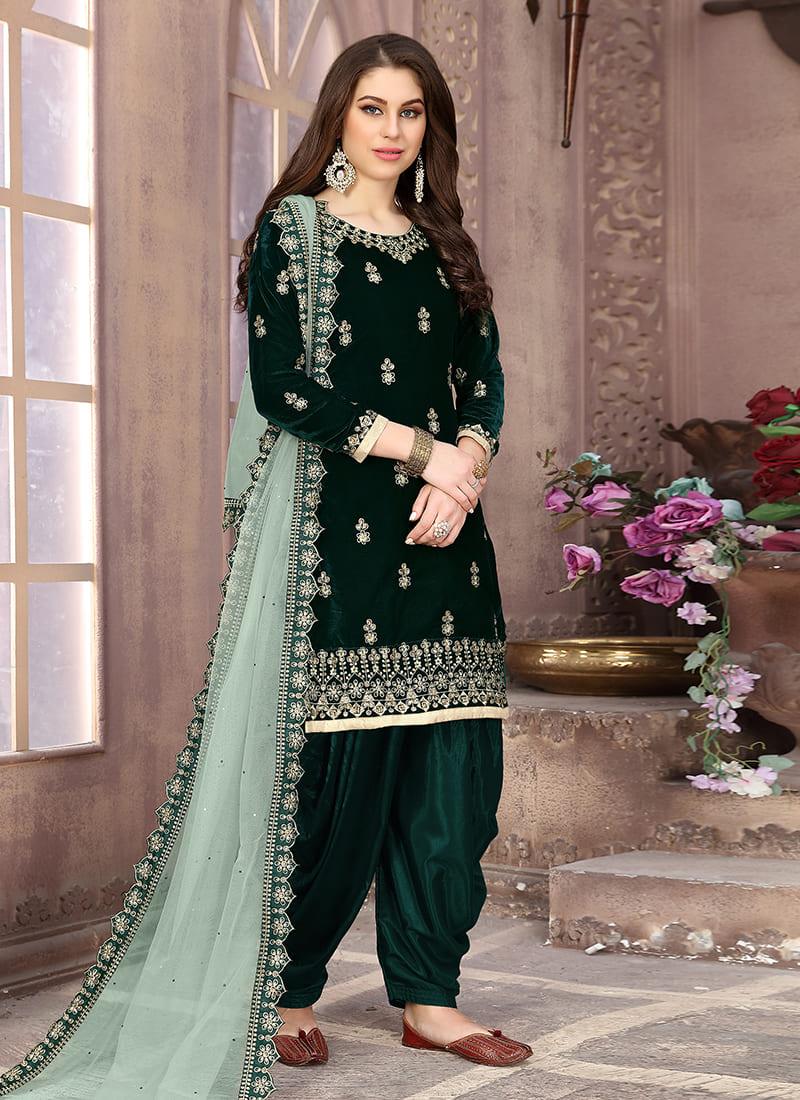 Green Velvet Embroidered Patiala Suit Pay With Paypal Cheap Online