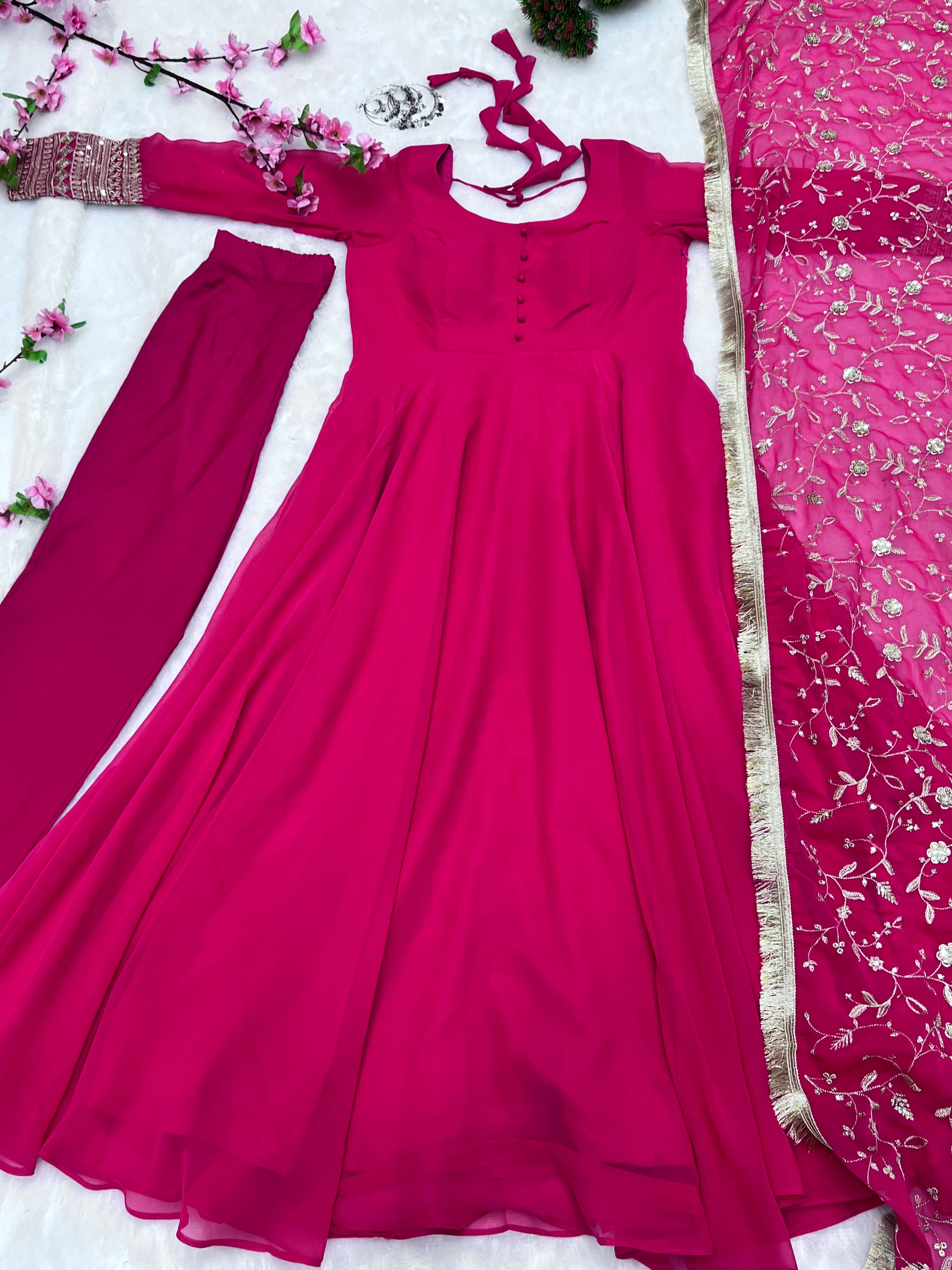 Rani Pink Color Georgette Gown With Dupatta Set Discount Original